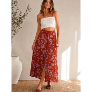 Free People Floral Button Front Midi Skirt Boho Cottagecore Flow Festival